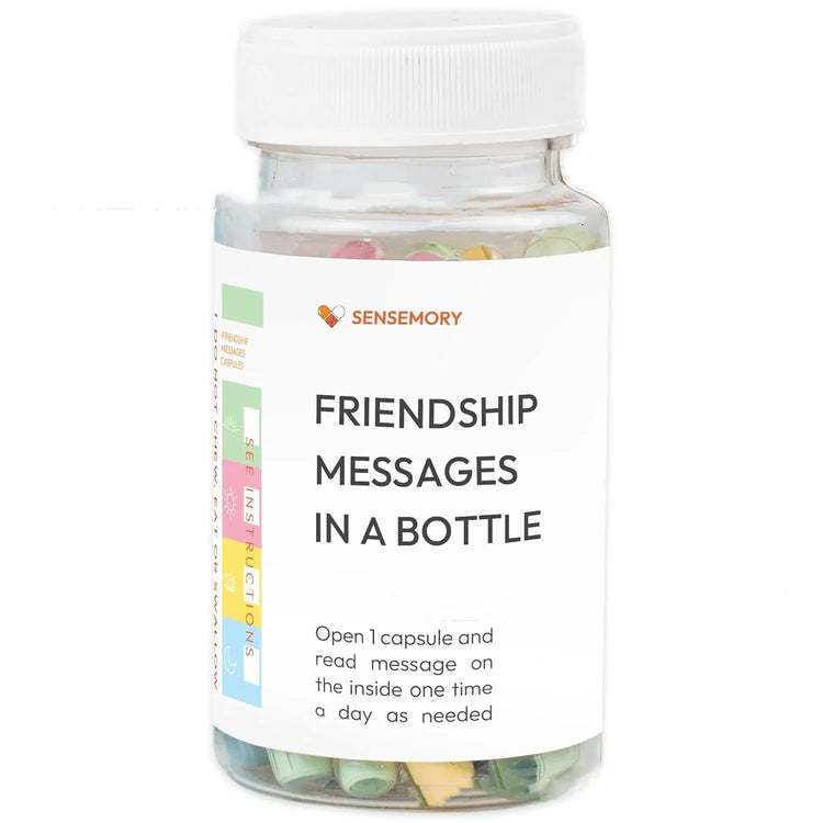Clear plastic bottle with colorful rolled paper capsules labeled &