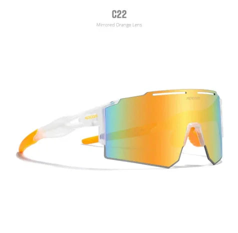 Futuristic sport sunglasses with mirrored orange lens and clear white frame, oversized fit