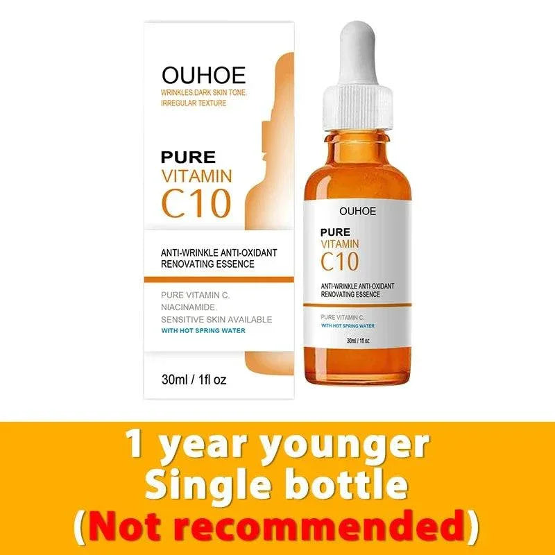 Vitamin C10 serum bottle and packaging with dropper, anti-aging skincare essence for sensitive skin