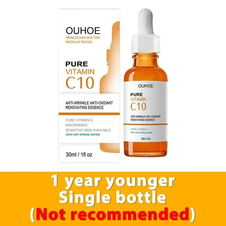 Vitamin C10 serum bottle and packaging with dropper, anti-aging skincare essence for sensitive skin
