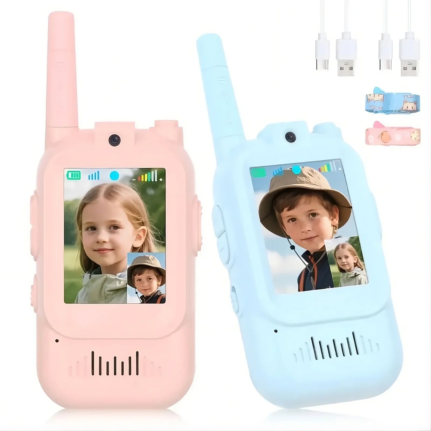 Pink and blue walkie talkies with video screens, USB charging cables, kid-friendly design