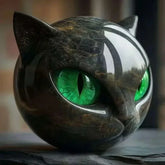 Sculpted black cat head with shiny green eyes, glossy ceramic finish, modern decor
