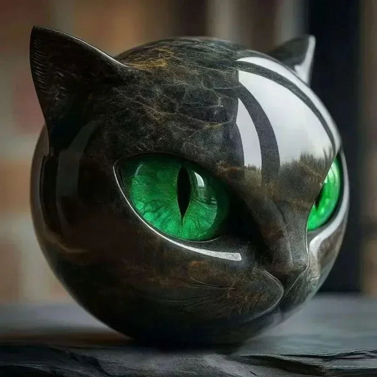 Sculpted black cat head with shiny green eyes, glossy ceramic finish, modern decor
