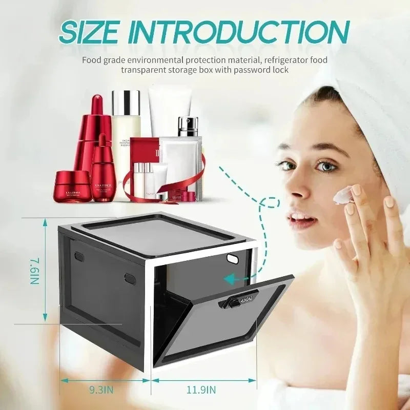 Woman applying cream near a transparent black storage box with password lock, skincare products, size dimensions shown.