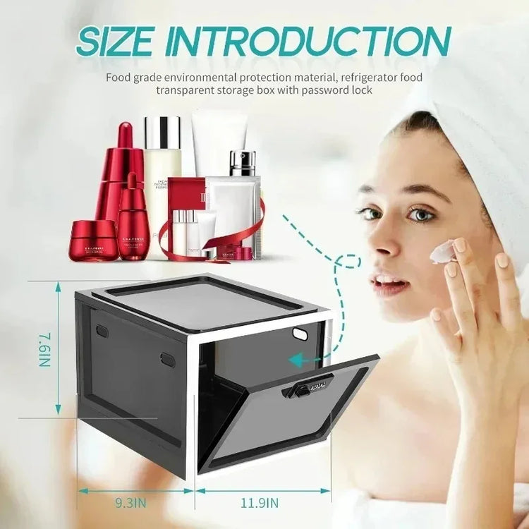 Woman applying cream near a transparent black storage box with password lock, skincare products, size dimensions shown.