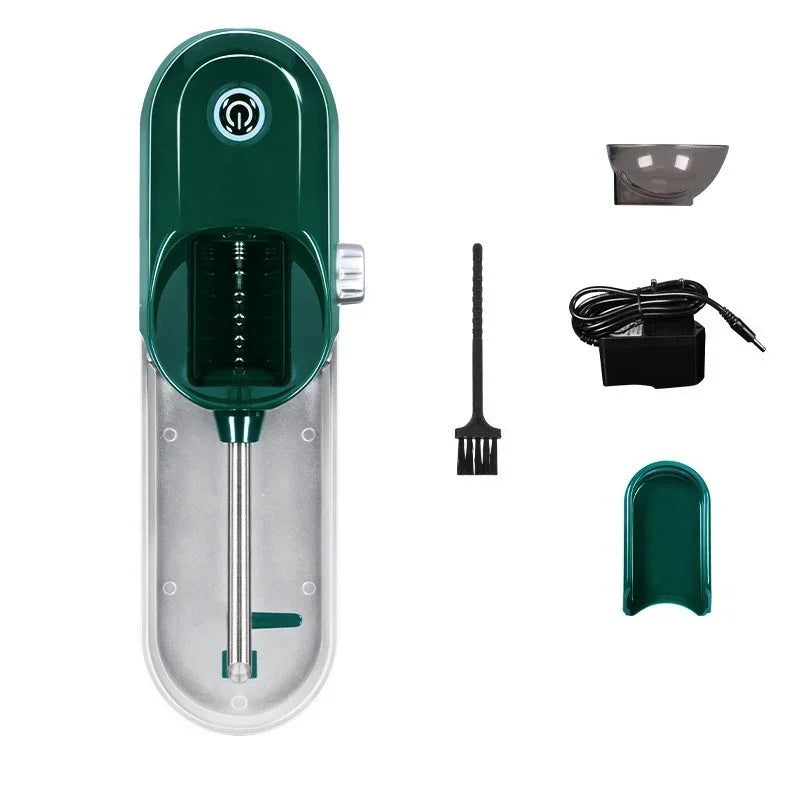 Electric green and silver automatic gadget with accessories, including a brush and charger