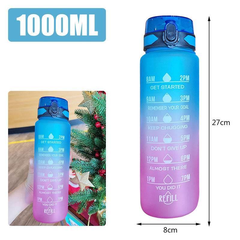 Gradient blue and pink 1000ml water bottle with motivational time markers, plastic material, flip lid.