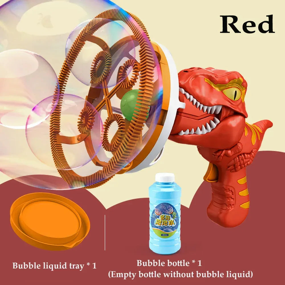 Red dinosaur-shaped bubble gun with orange tray and empty blue bubble bottle