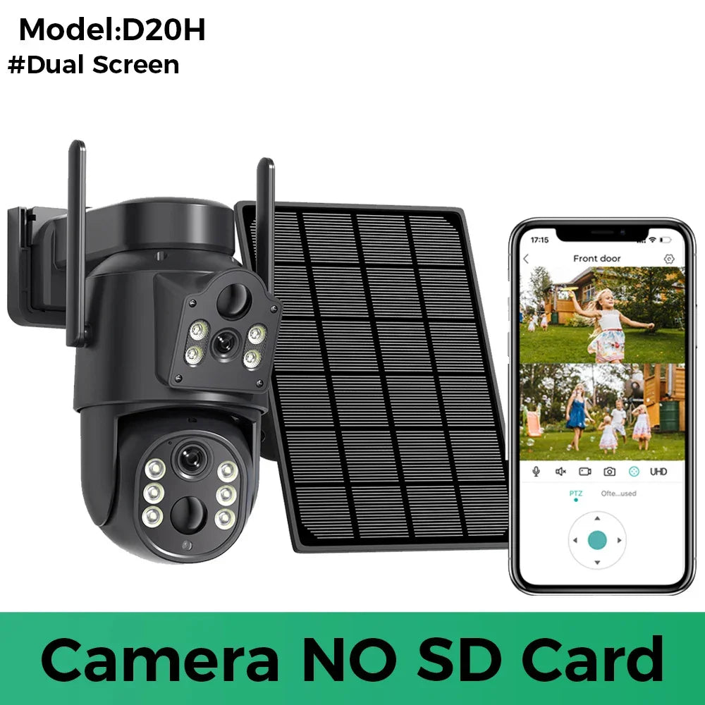 Outdoor wireless security camera with dual lens, black casing, solar panel, and smartphone video feed