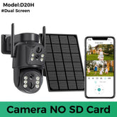 Outdoor wireless security camera with dual lens, black casing, solar panel, and smartphone video feed