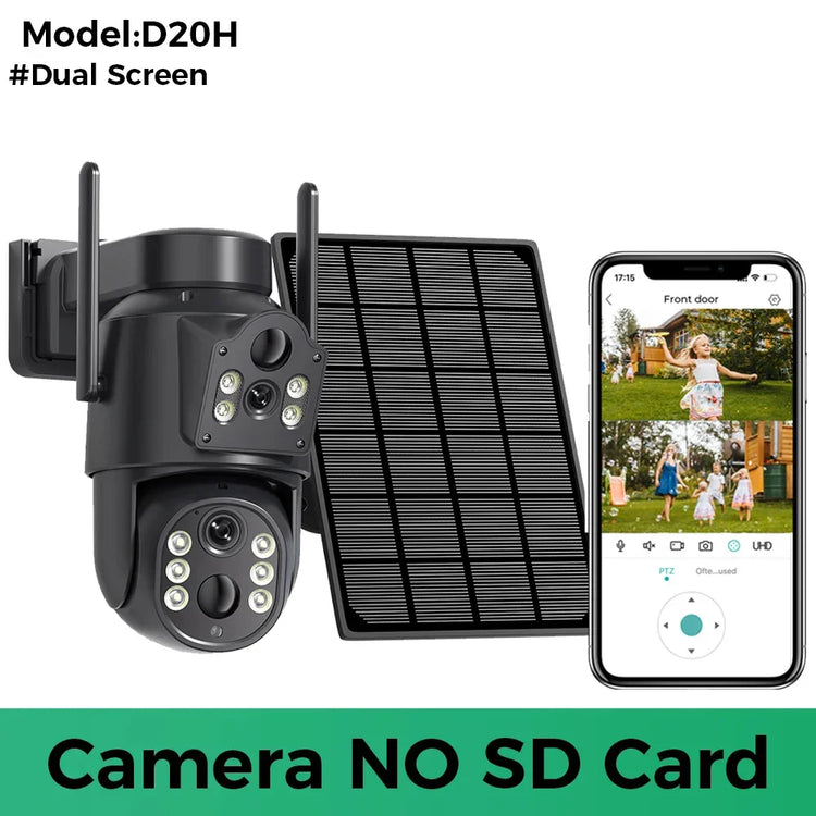 Outdoor wireless security camera with dual lens, black casing, solar panel, and smartphone video feed