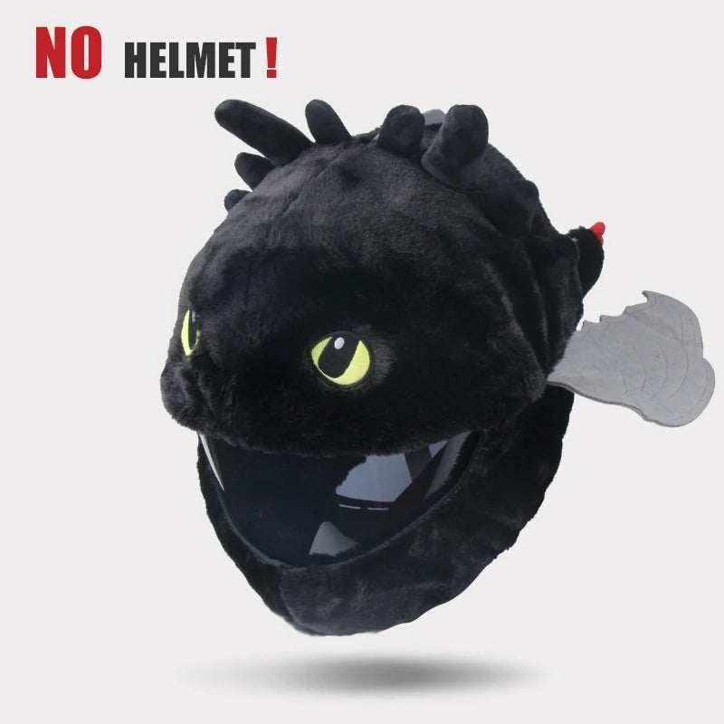 Plush black dragon helmet cover with green eyes, scale texture, and wing detail, novelty streetwear accessory.