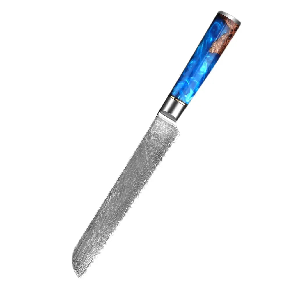 Serrated bread knife with Damascus steel blade and blue resin wood handle