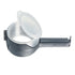 Black and silver plastic egg separator with handle and open lid on white background