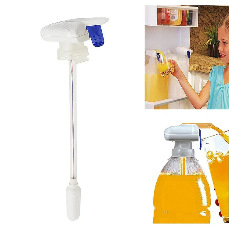 Automatic drink dispenser pump with blue spout, shown on plastic juice bottle and in fridge use