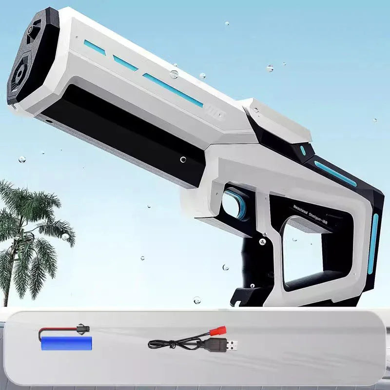 Futuristic white and black water gun with blue accents, USB charging cable and battery included
