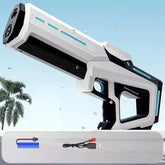 Futuristic white and black water gun with blue accents, USB charging cable and battery included