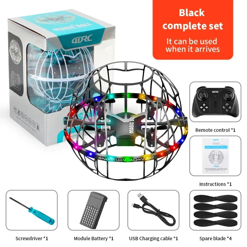 Black spherical drone toy with LED lights, remote control, battery, USB cable, and spare blades