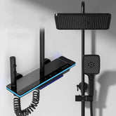 Modern black digital shower system with square rain showerhead and handheld sprayer