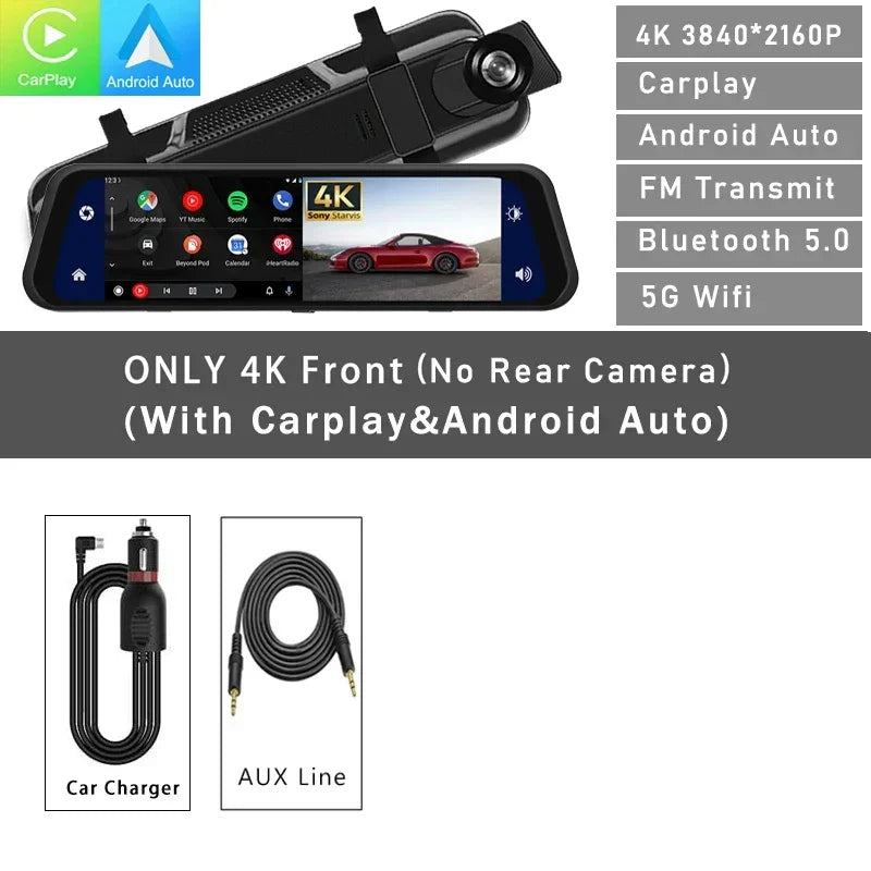 4K front dash cam with touchscreen, CarPlay, Android Auto, Bluetooth, car charger, and AUX cable