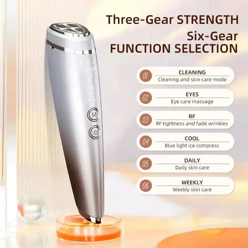 Sleek silver handheld skincare device with multiple settings for cleaning, massage, and RF therapy.