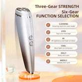 Sleek silver handheld skincare device with multiple settings for cleaning, massage, and RF therapy.