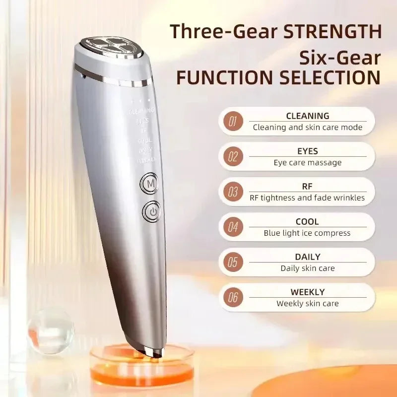 Sleek silver handheld skincare device with multiple settings for cleaning, massage, and RF therapy.