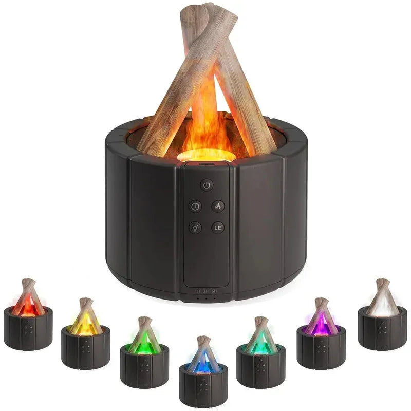 Modern black tabletop fireplace with realistic logs, adjustable LED flame in multiple colors
