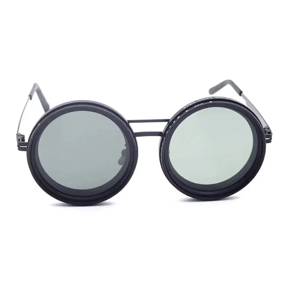 Round black metal frame sunglasses with dark lenses, futuristic streetwear accessory