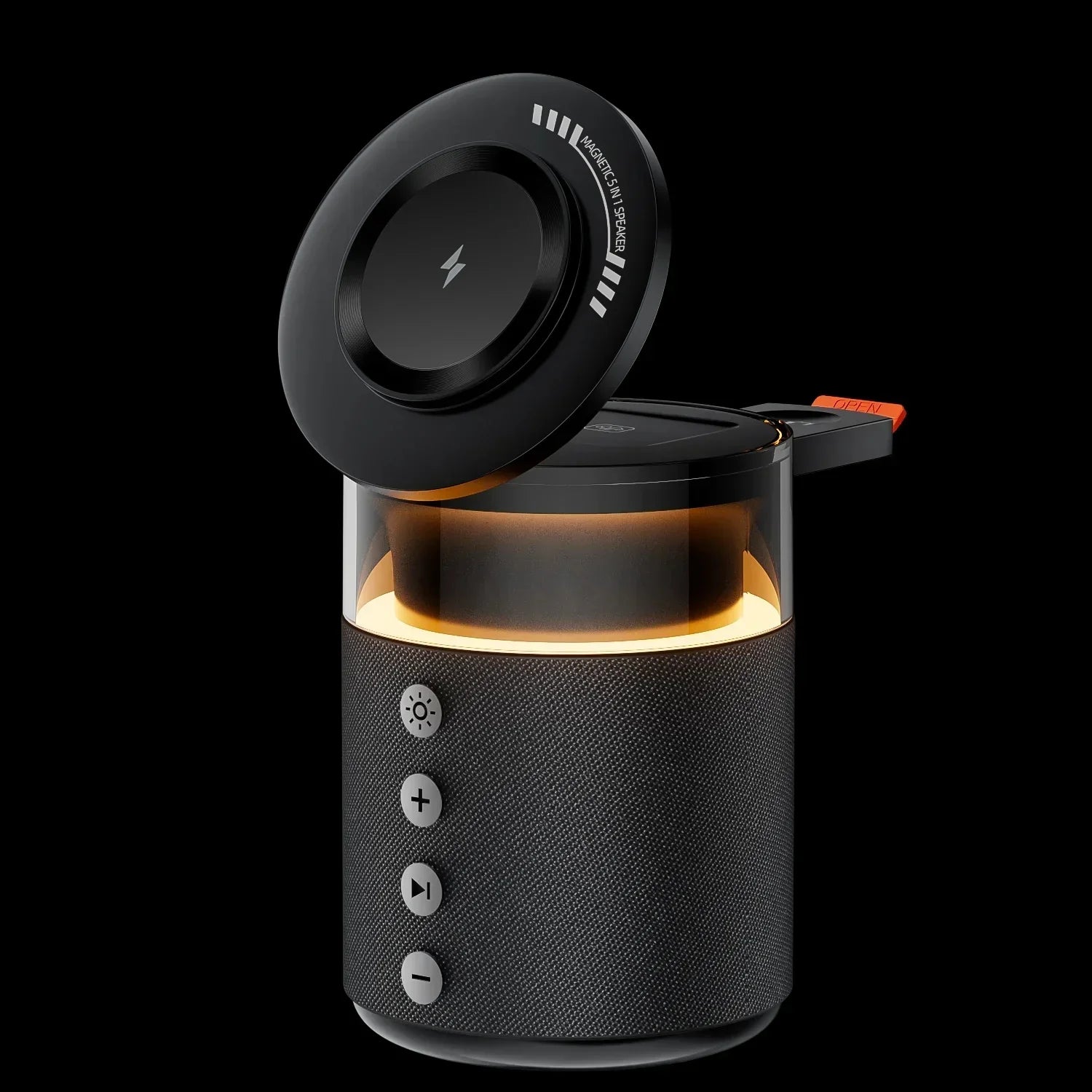 Black wireless portable speaker with LED light, fabric texture, and control buttons
