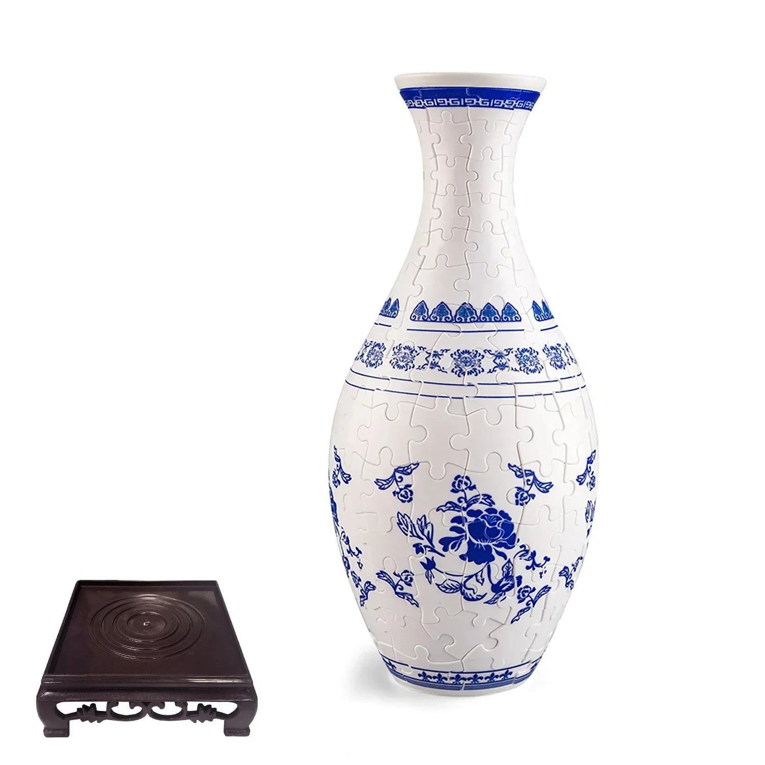 Blue and white porcelain style puzzle vase with floral patterns and black display stand