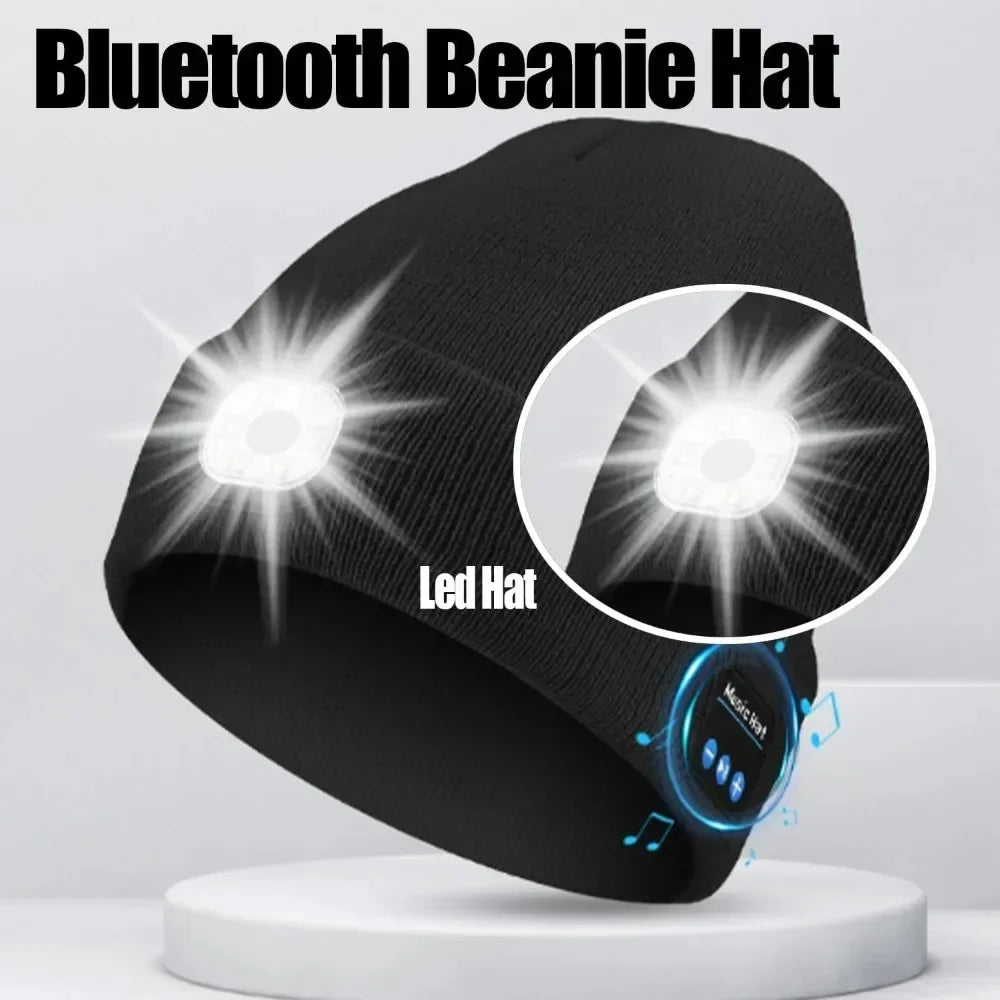 Black knit beanie with built-in LED light and Bluetooth headphones, futuristic streetwear
