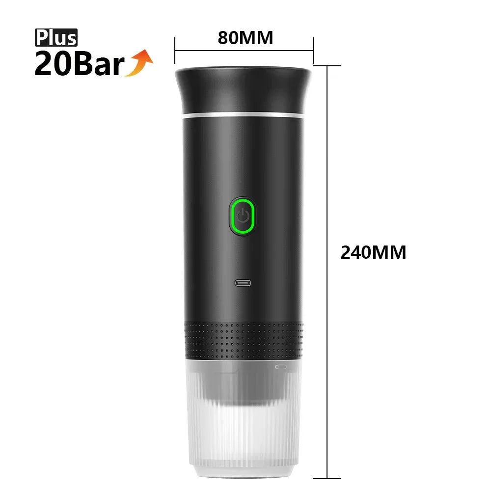 Black portable espresso maker, 20 bar pressure, cylindrical design, green power button, 240mm height