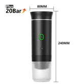 Black portable espresso maker, 20 bar pressure, cylindrical design, green power button, 240mm height