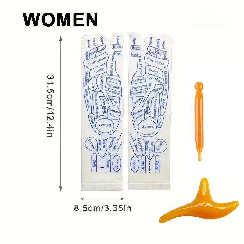 Women's foot reflexology stickers with blue anatomical chart, orange massage tools, white background