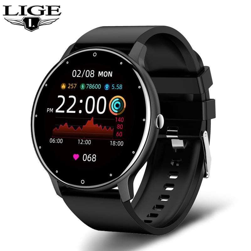 Black round digital smartwatch with silicone band, vibrant fitness tracking display