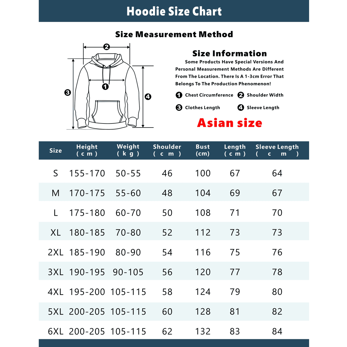 Supplier sizing guide and measurement chart for the Christmas pullover hoodie
