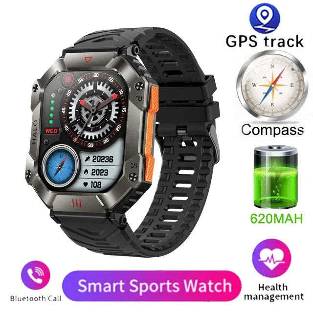 Futuristic black smart sports watch with rugged design, silicone strap, and digital display.