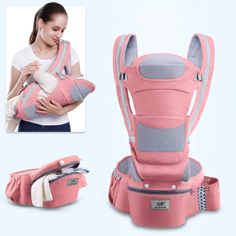 Pink ergonomic baby carrier with mesh panels and adjustable straps, soft breathable fabric