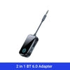 Compact black 2-in-1 Bluetooth 6.0 audio adapter with 3.5mm jack, power button, and control buttons