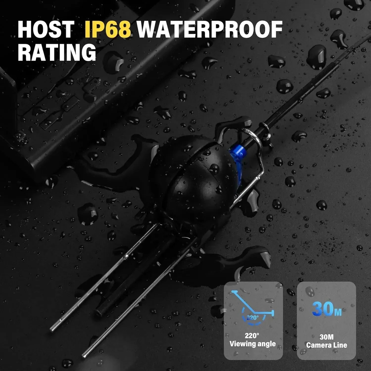 Black waterproof tech device with metal rods, water droplets, 220° viewing angle, 30m camera line
