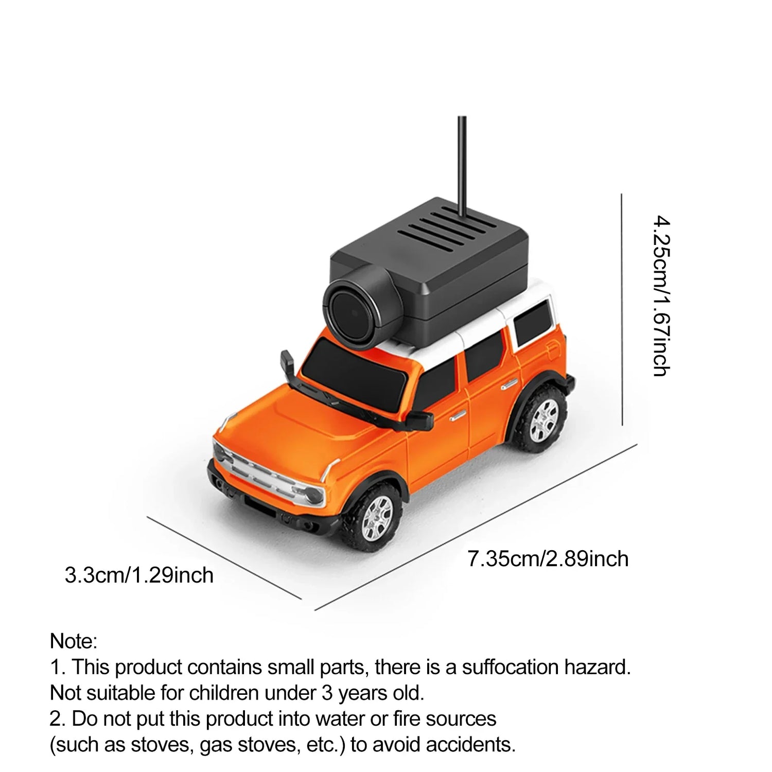 Orange toy SUV with white roof, black camera on top, and size dimensions shown