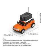 Orange toy SUV with white roof, black camera on top, and size dimensions shown