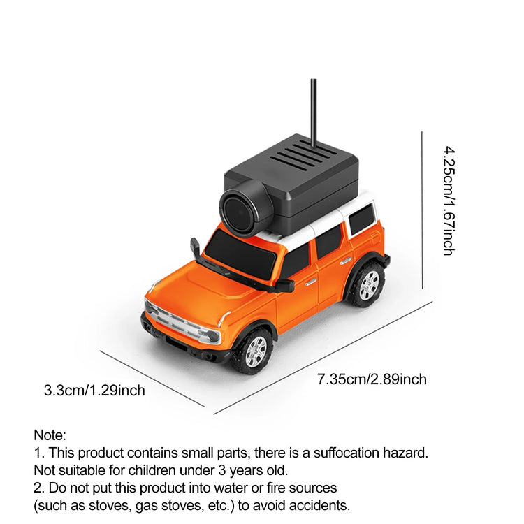 Orange toy SUV with white roof, black camera on top, and size dimensions shown