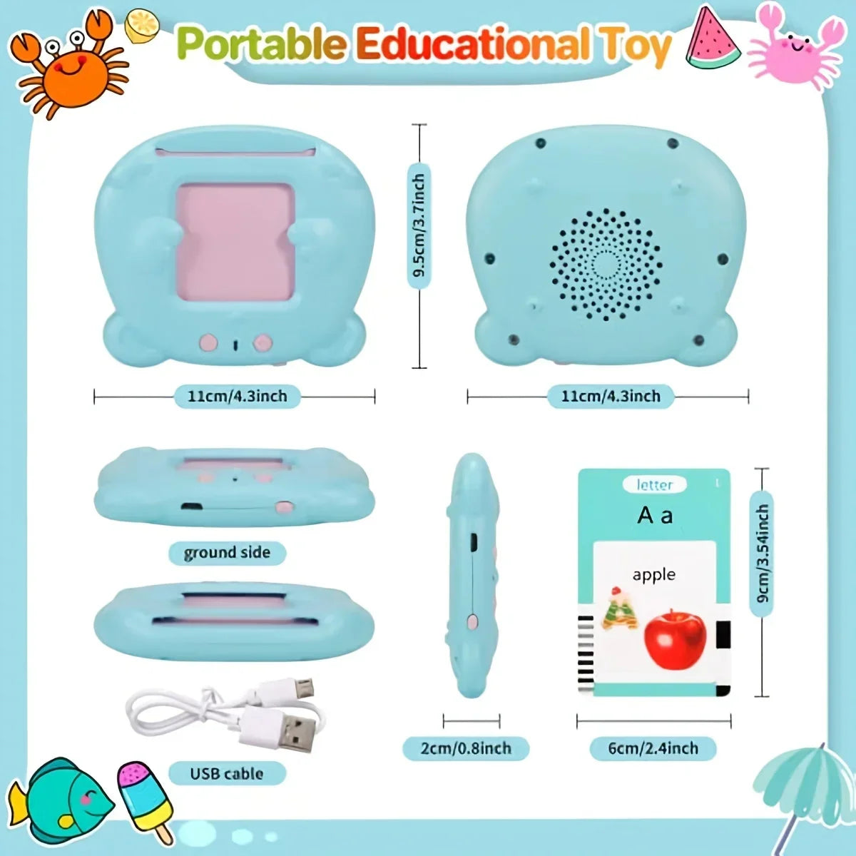 Light blue plastic educational toy with pink screen, USB cable, and illustrated alphabet card.