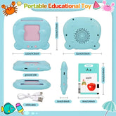 Light blue plastic educational toy with pink screen, USB cable, and illustrated alphabet card.