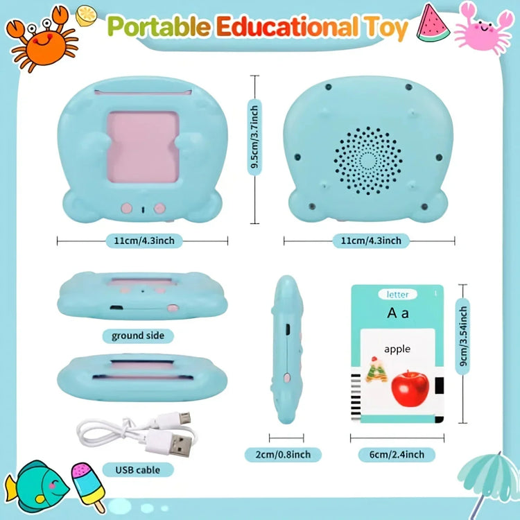 Light blue plastic educational toy with pink screen, USB cable, and illustrated alphabet card.