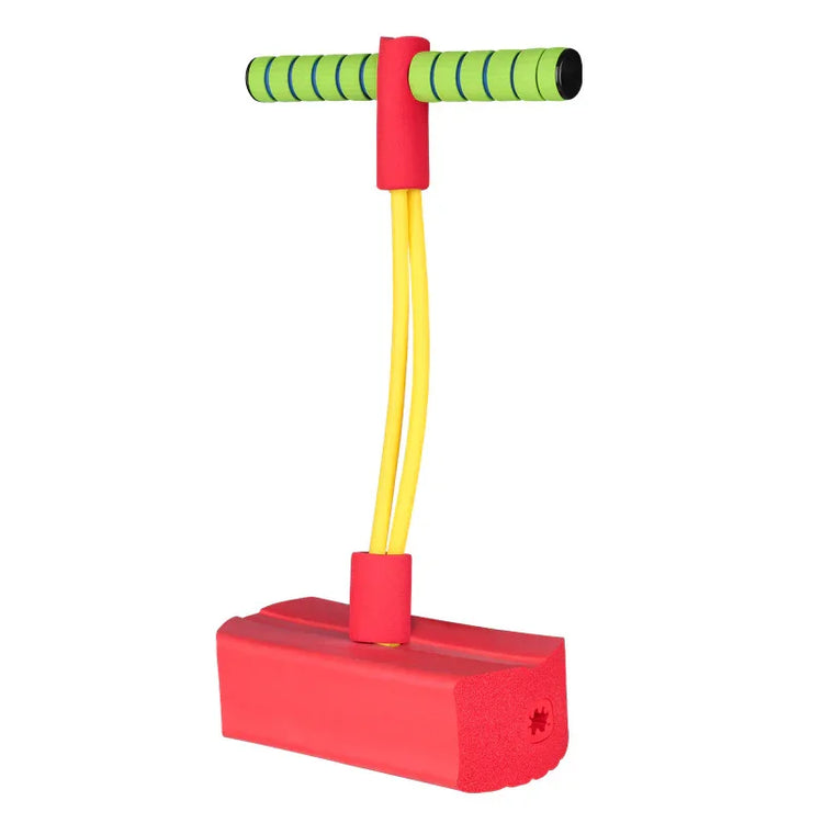 Foam pogo jumper with red base, yellow elastic cords, and green striped handle