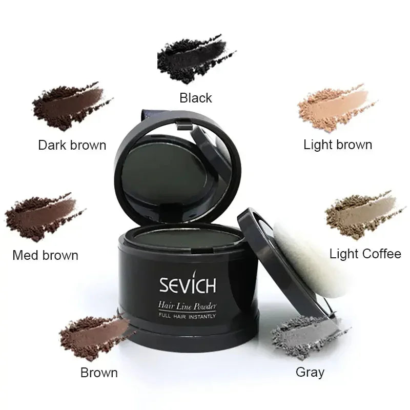 Hairline powder in multiple shades: black, dark brown, medium brown, brown, light brown, light coffee, and gray.