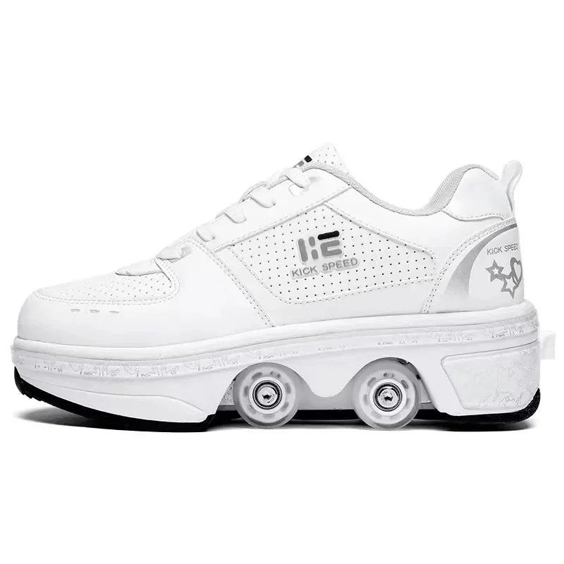 White futuristic sneaker with side perforations and built-in roller skate wheels, chunky sole